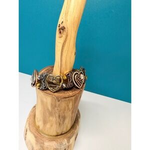 Mixed Metal Heart Stretch Bracelet Copper Filigree‎ Rhinestone Boho
